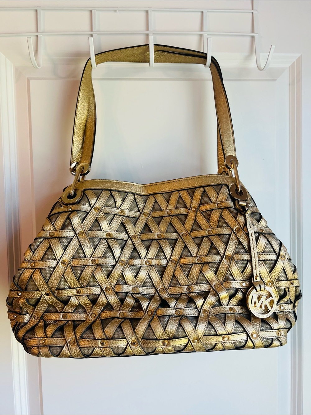 Michael Kors "Raven" Metallic Studded Shoulder Tote Bag retail $548
